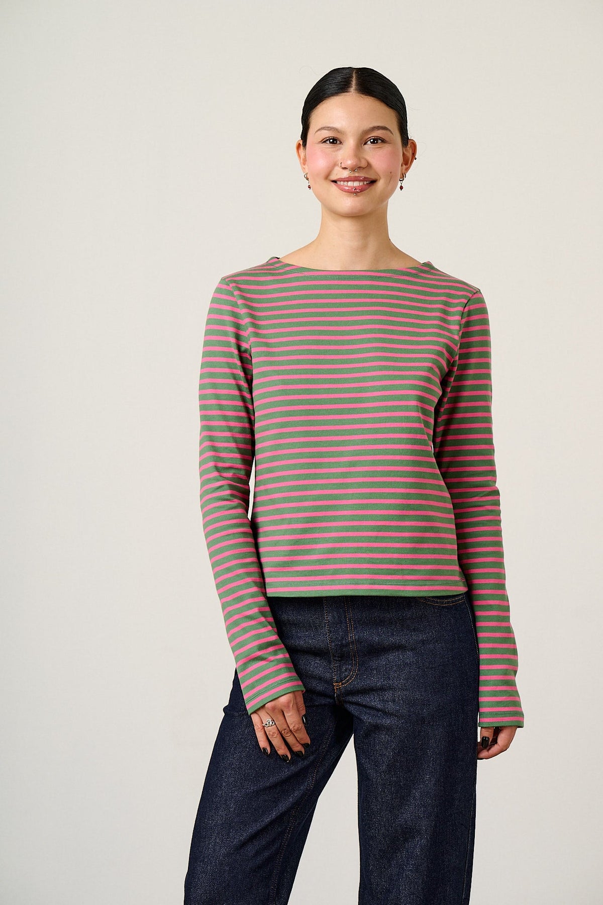 Laia Breton - Long Sleeve Boat Neck Cotton Top in Green & Pink Stripe
