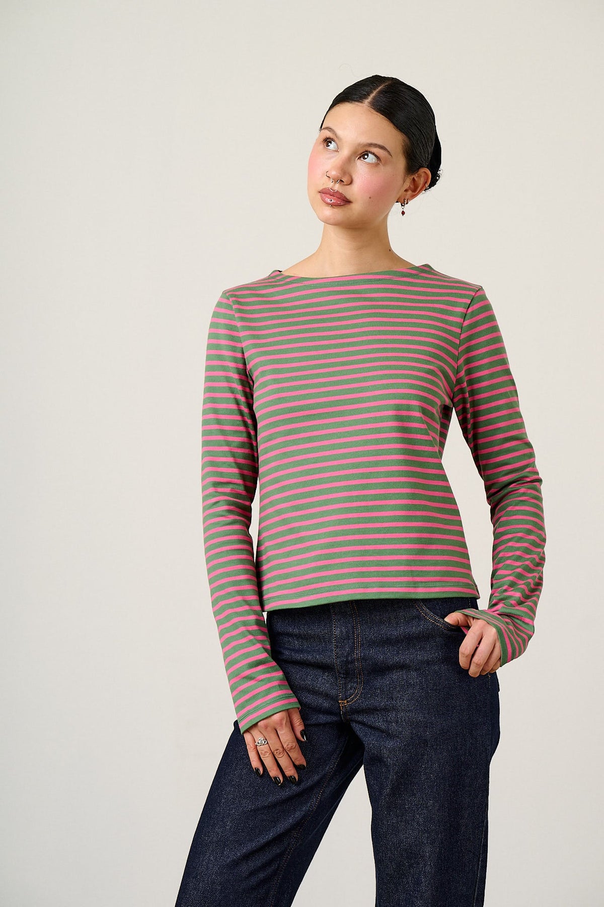 Laia Breton - Long Sleeve Boat Neck Cotton Top in Green & Pink Stripe