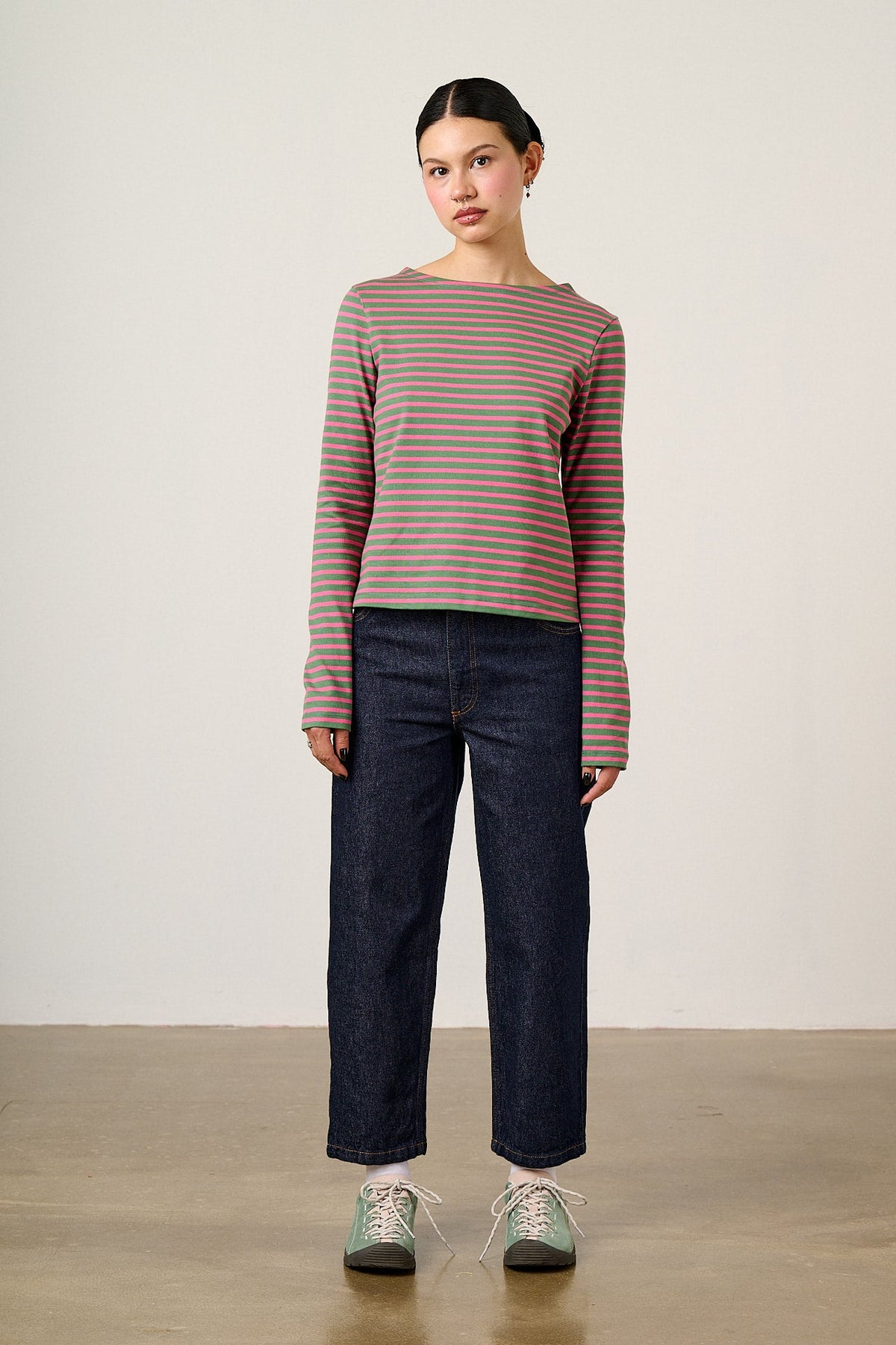 Laia Breton - Long Sleeve Boat Neck Cotton Top in Green & Pink Stripe