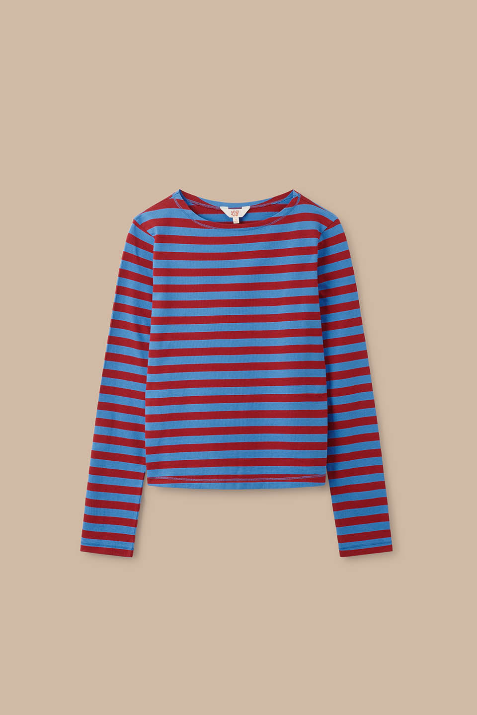 Laia Breton - Long Sleeve Boat Neck Cotton Top in Burgundy and Blue Stripe