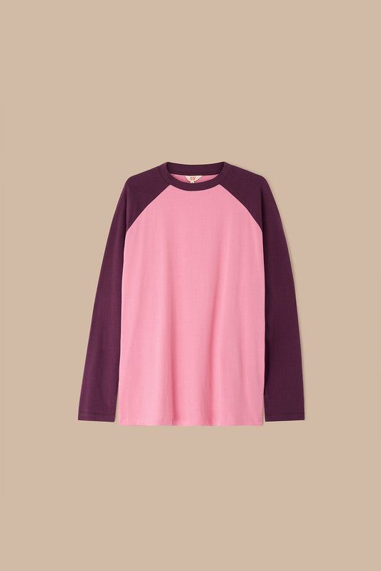 Bennett - Oversized Cotton Raglan T-Shirt in Pink & Burgundy (IMPERFECT)