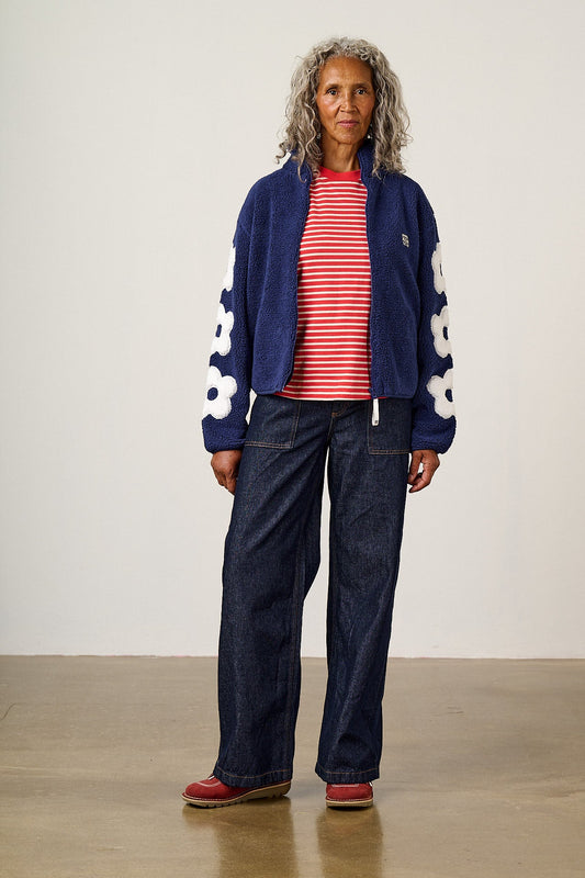 Margot Borg Fleece - Recycled Polyester in Navy and Ecru with Flower