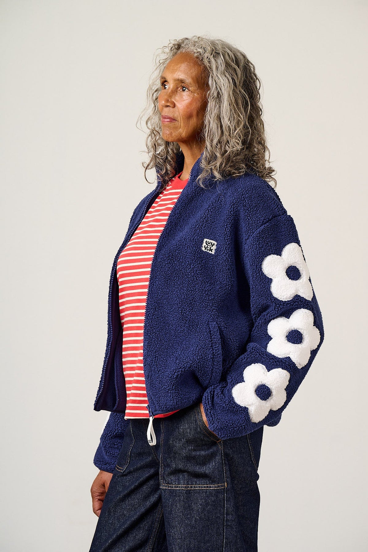 Margot - Borg Fleece with Flower in Navy and Ecru