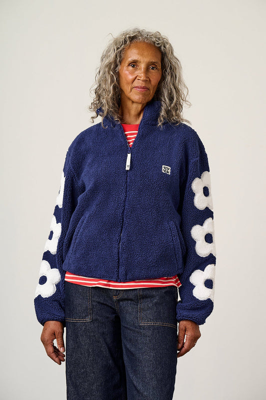 Margot Borg Fleece - Recycled Polyester in Navy and Ecru with Flower