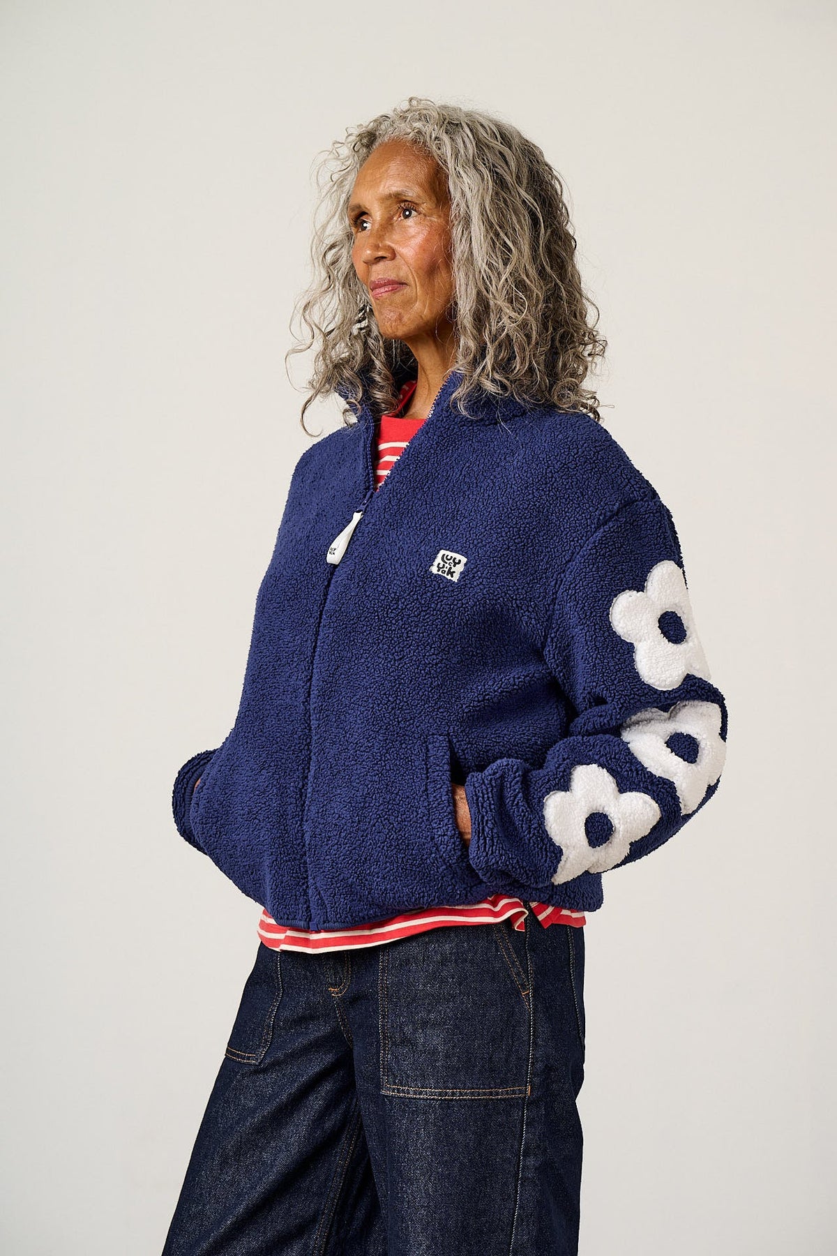 Margot - Borg Fleece with Flower in Navy and Ecru