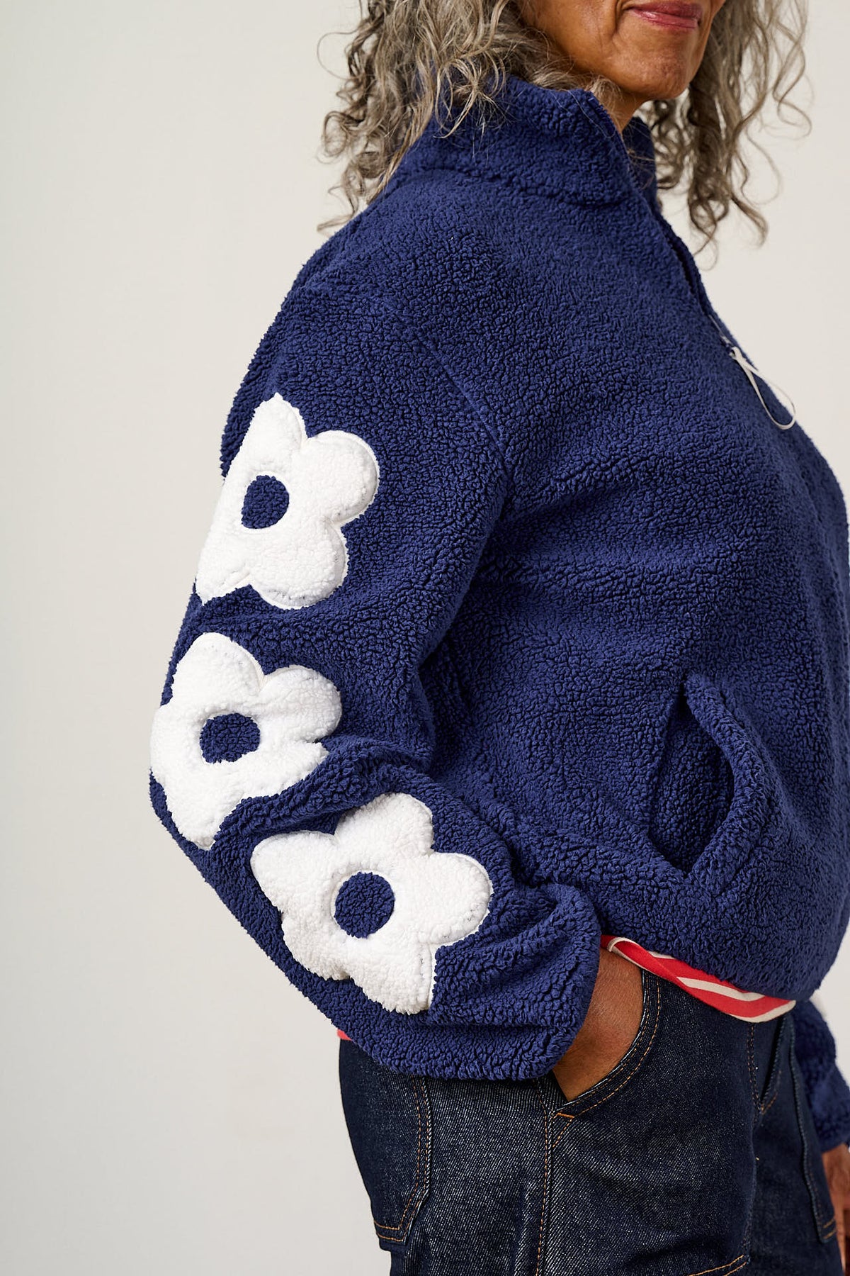 Margot - Borg Fleece with Flower in Navy and Ecru