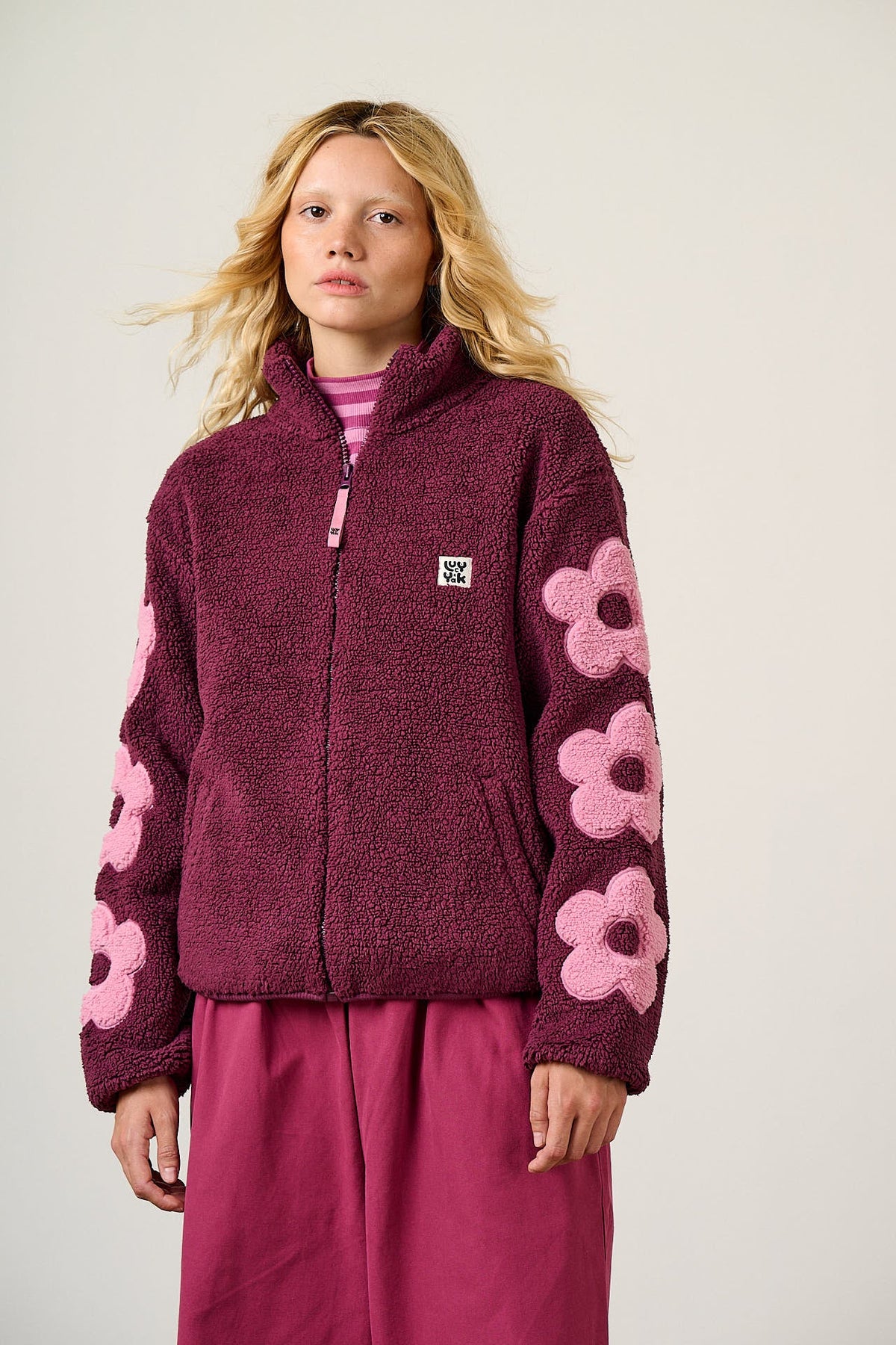 Margot - Borg Fleece with Flower in Pink and Burgundy