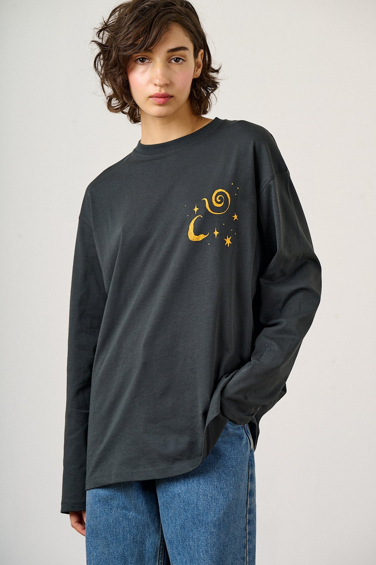 Murat - Organic Cotton Oversized Top in Charcoal Celestial Print