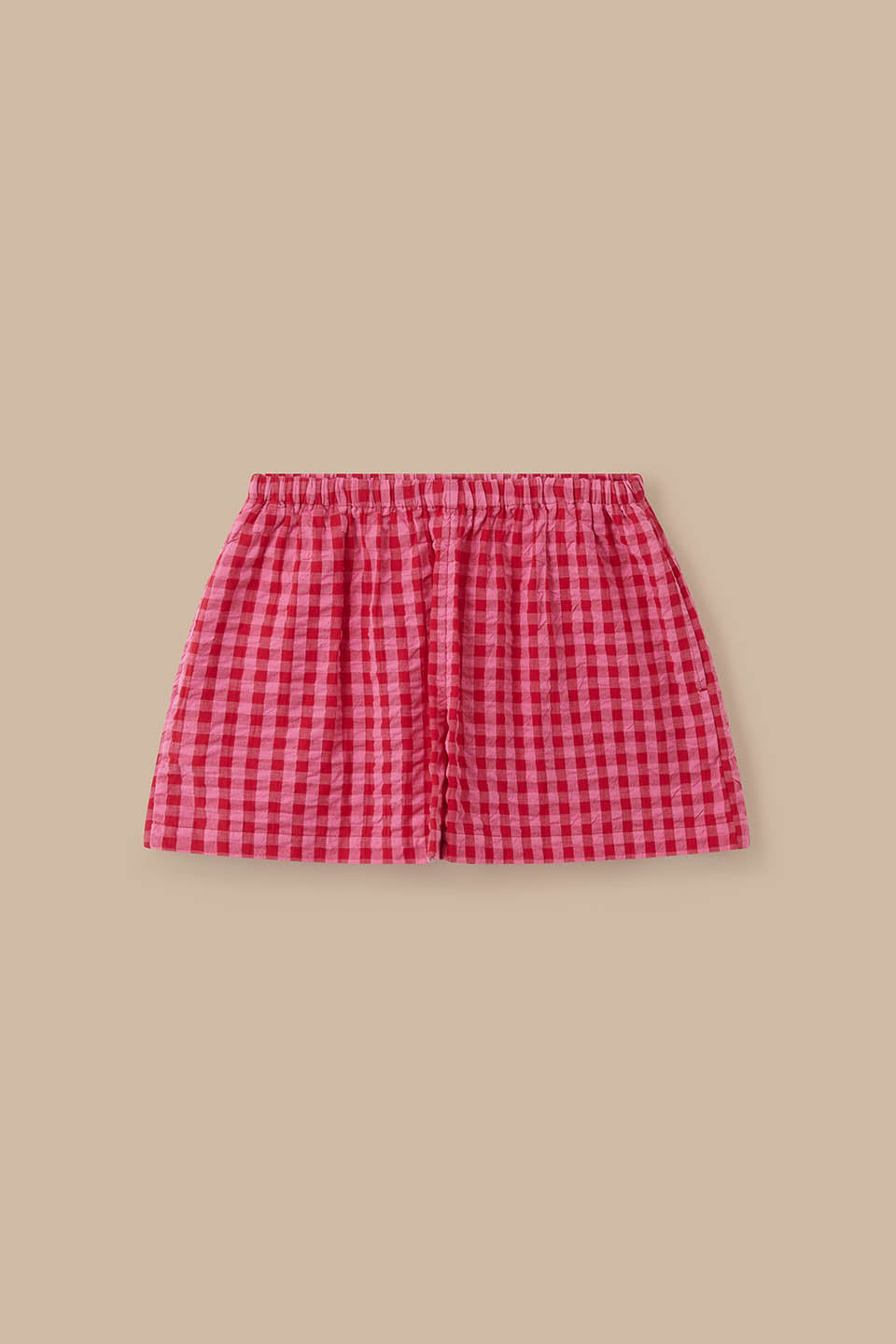 Popan Relaxed Shorts - Organic Cotton Seersucker in Pink & Red Check