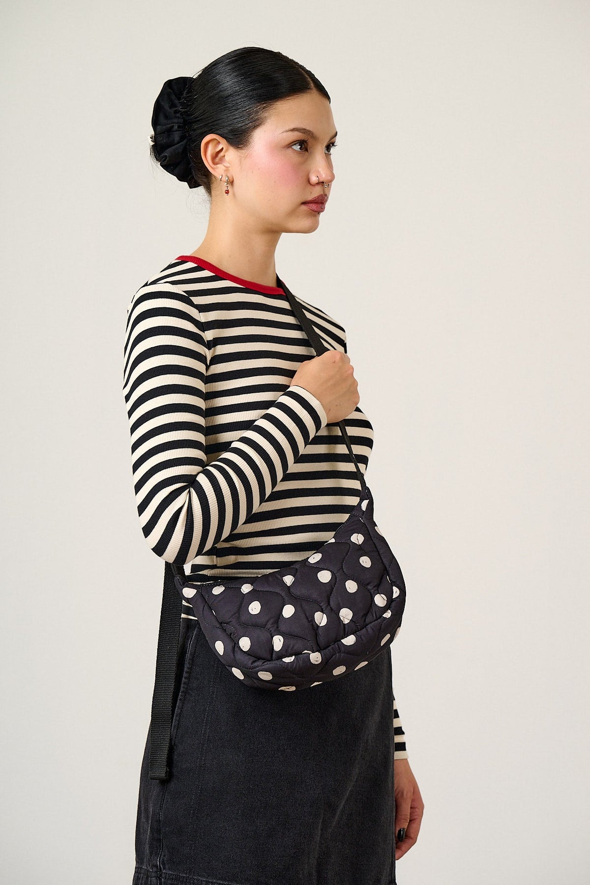 Reims Crossbody Bag - Recycled Polyester in Black and White Polka Dot