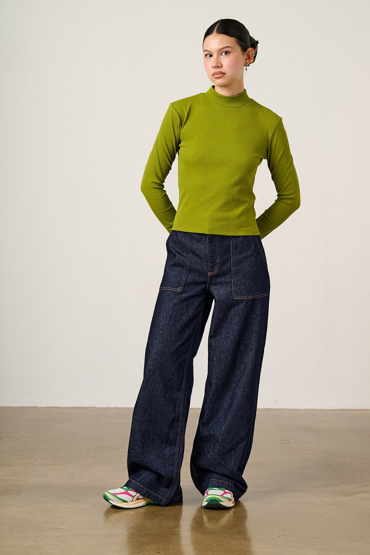 Tia - Cotton Ribbed Funnel Neck in Cypress Green