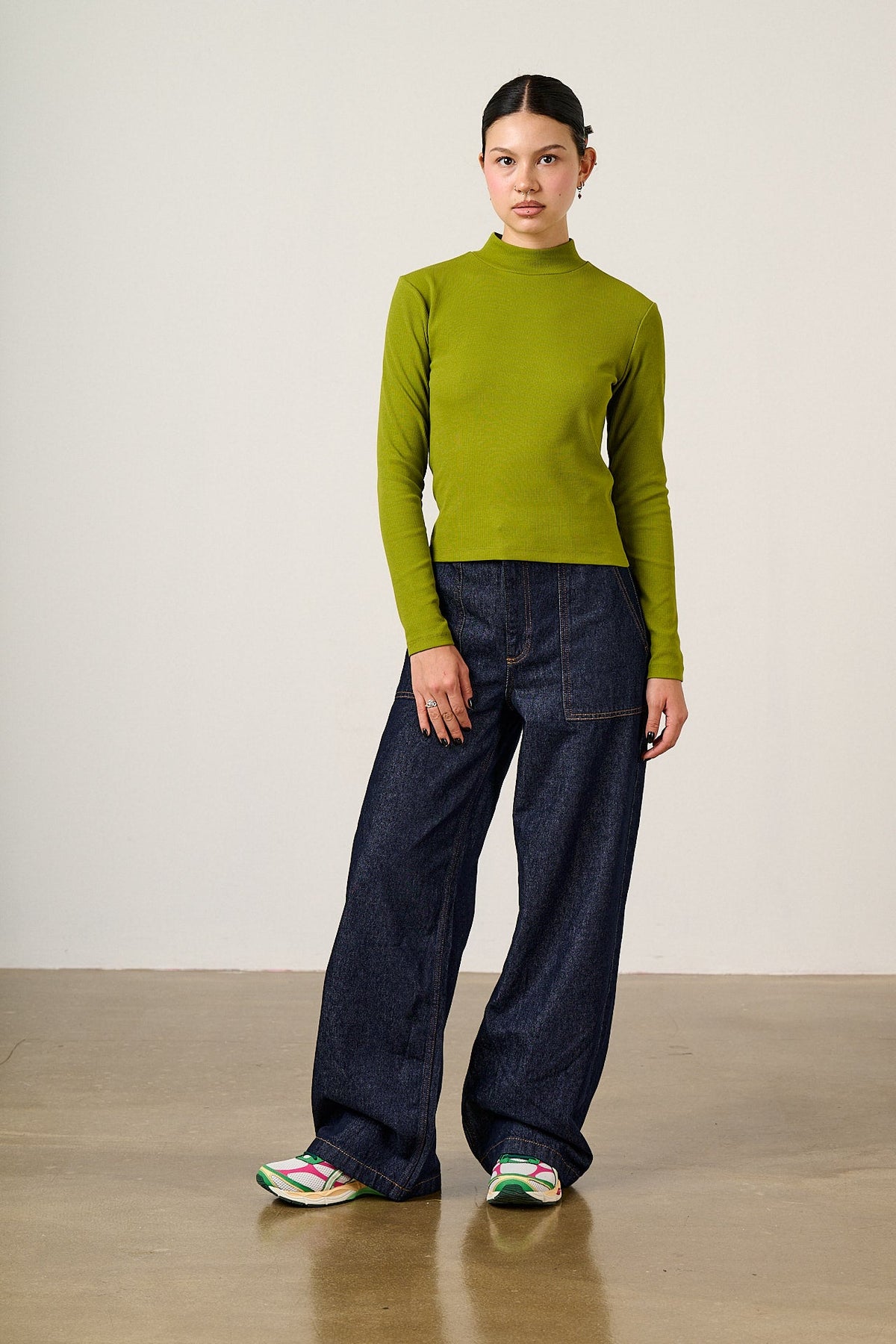 Tia - Cotton Ribbed Funnel Neck in Cypress Green