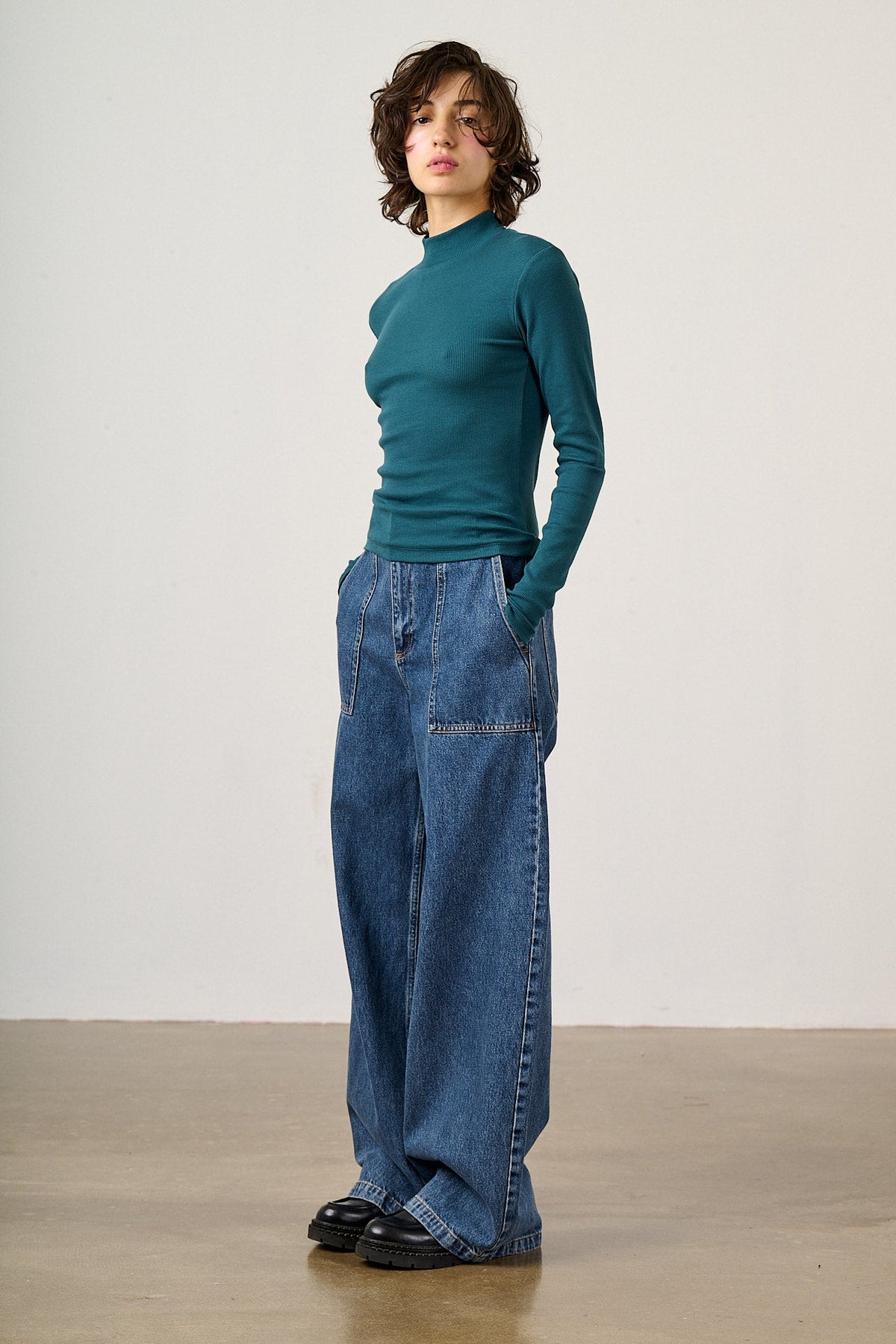 Tia - Organic Cotton Ribbed Funnel Neck in Teal
