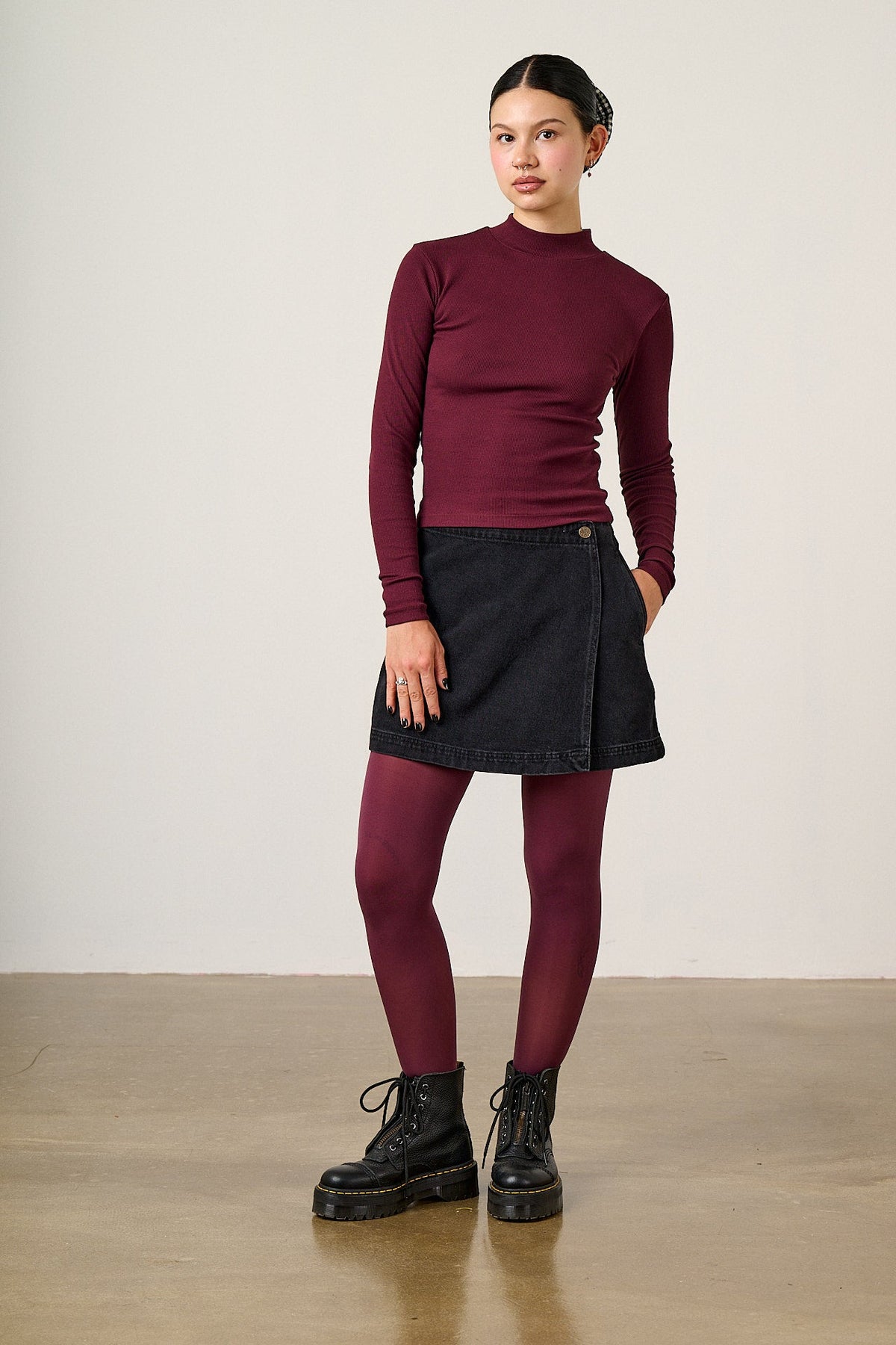 Tia - Organic Cotton Ribbed Funnel Neck in Port