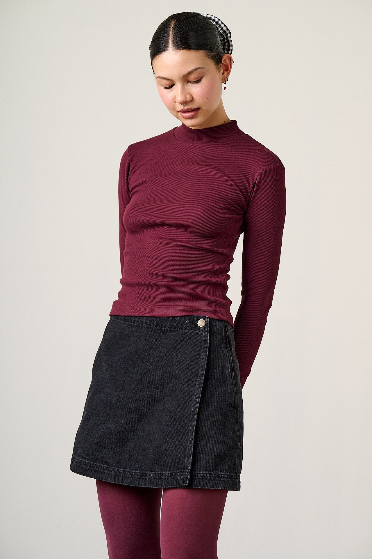 Tia - Organic Cotton Ribbed Funnel Neck in Port