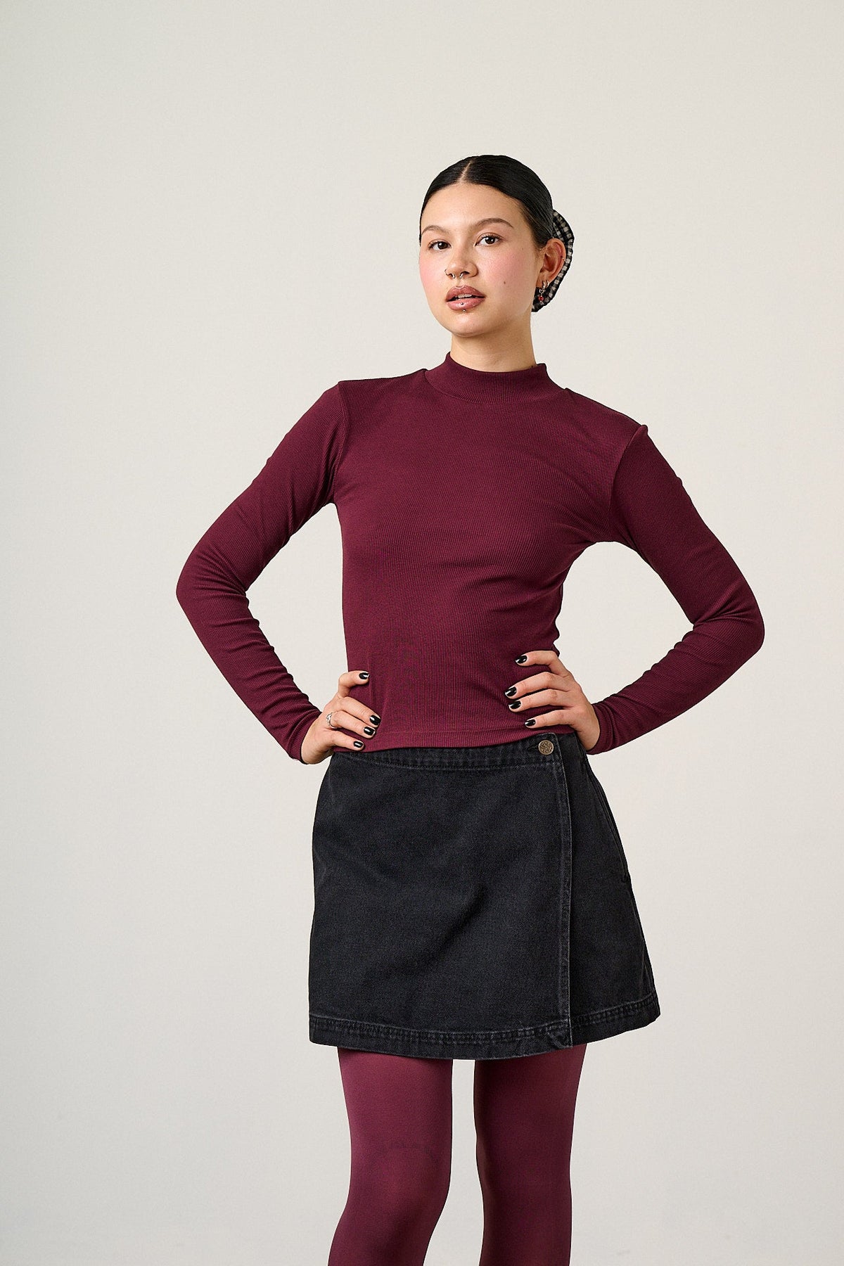 Tia - Organic Cotton Ribbed Funnel Neck in Port