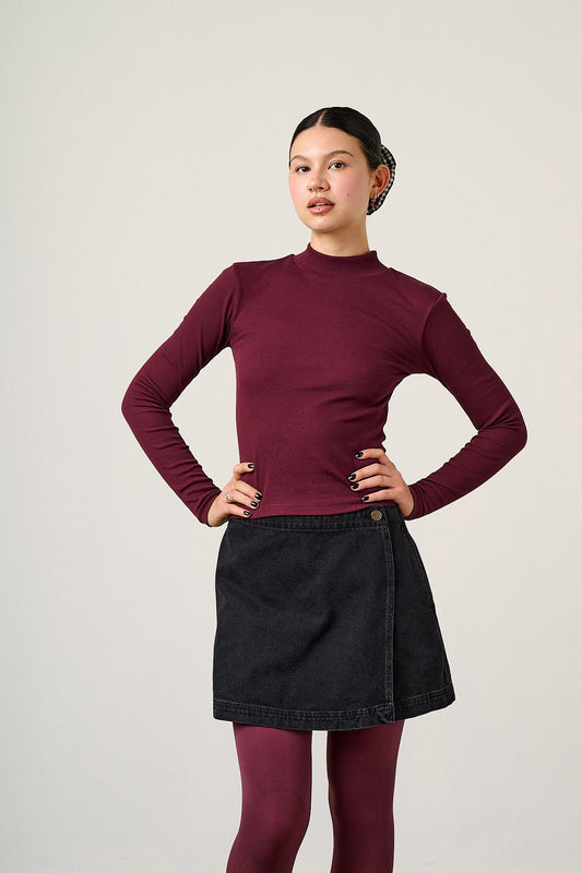 Tia - Organic Cotton Ribbed Funnel Neck in Port