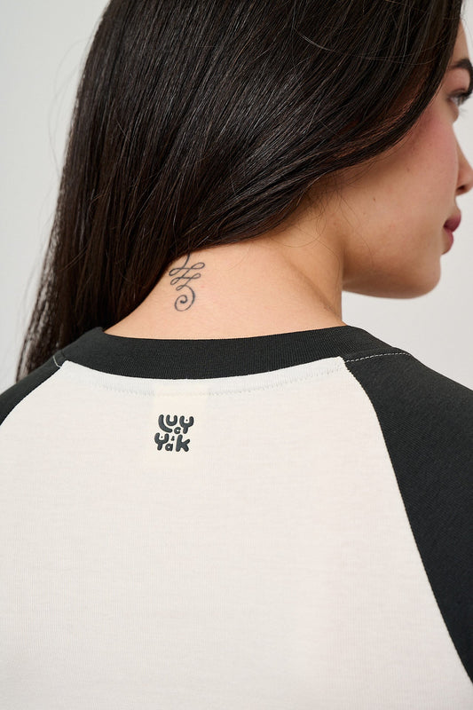 Azra - Cotton Short Sleeve Raglan Top in Black & Ecru