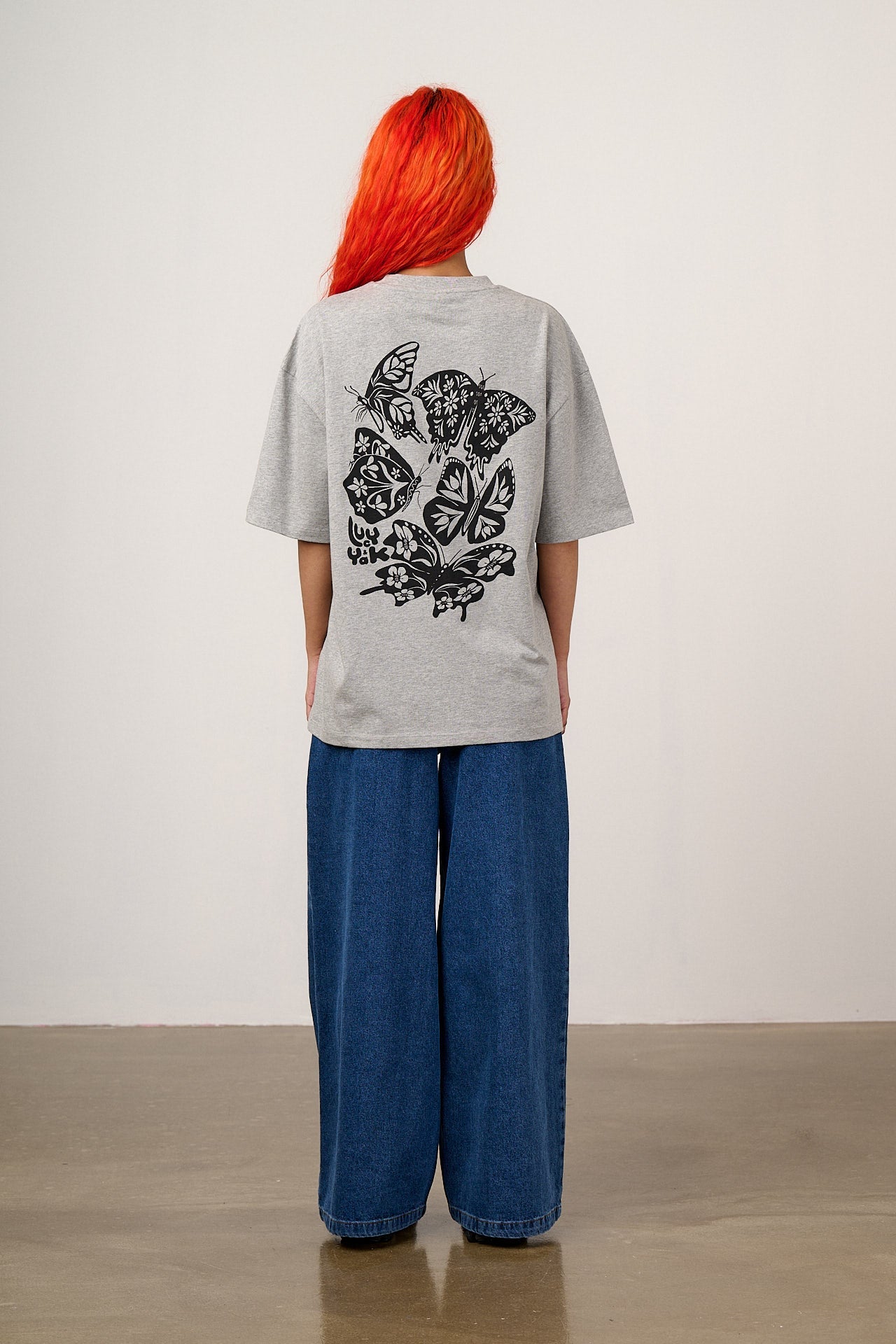 Benny - Oversized Cotton T-Shirt in Grey Marl with Butterfly Print