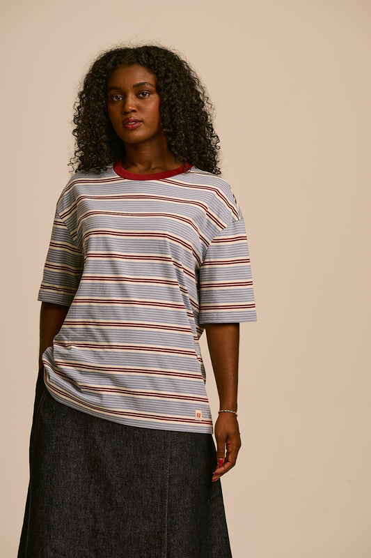 Benny - Oversized Cotton T-Shirt in Blue, Maroon and Ecru Stripe