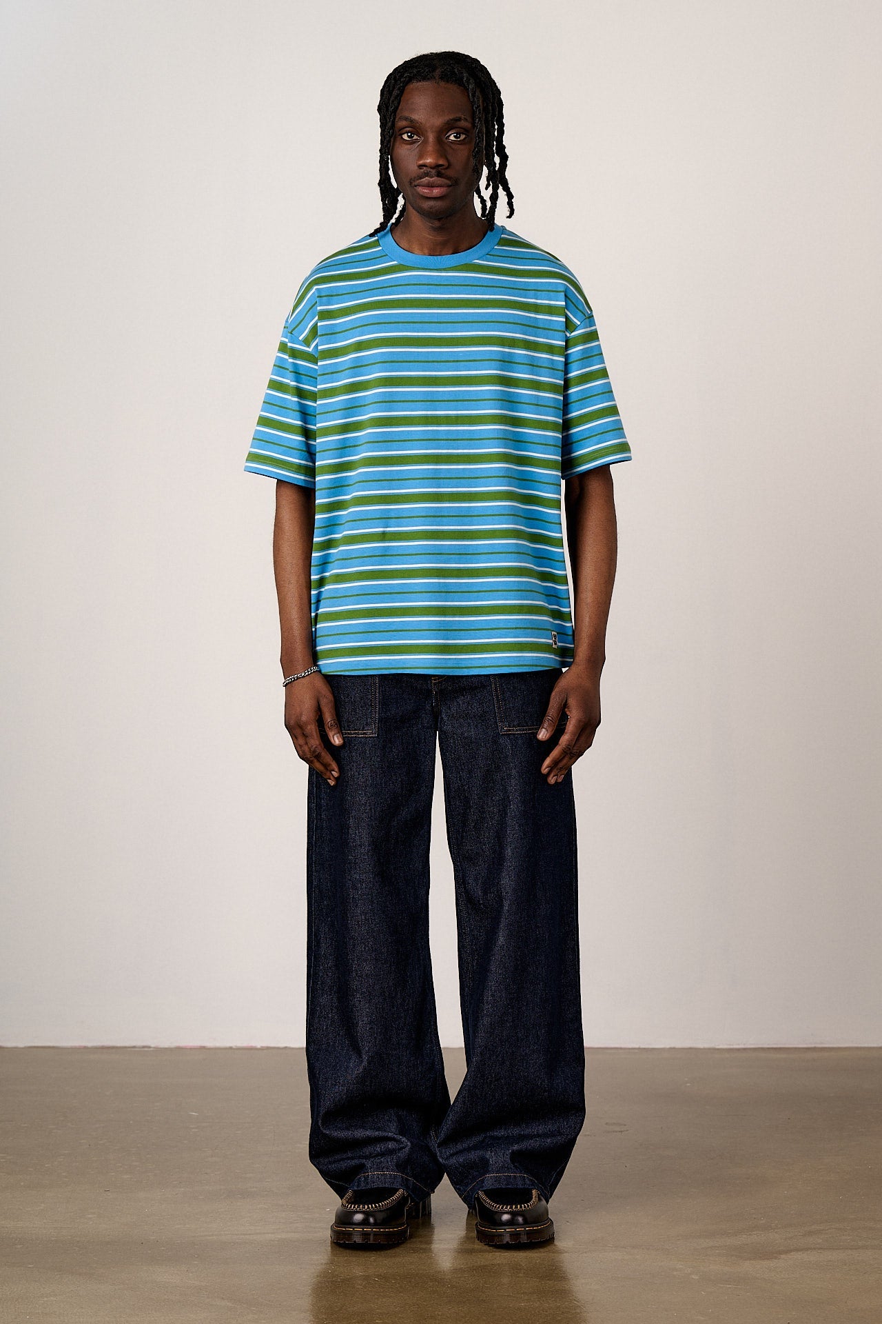 Benny - Oversized Cotton T-Shirt in Green & Blue Stripe