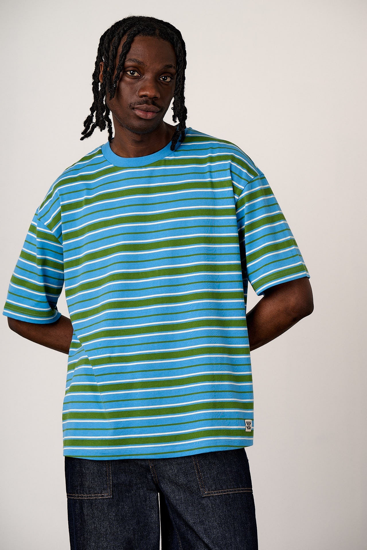 Benny - Oversized Cotton T-Shirt in Green & Blue Stripe