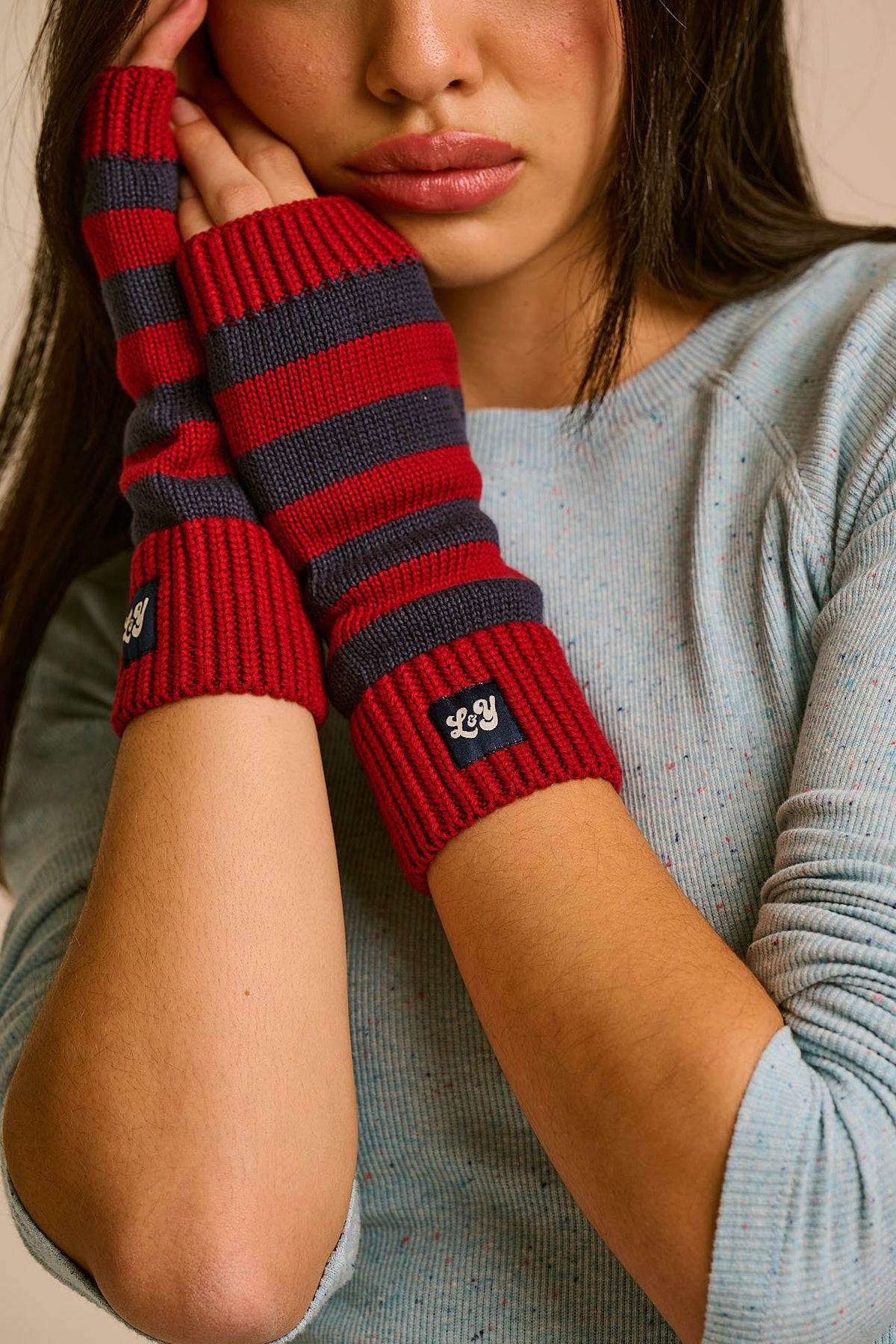 Caspian - Fingerless Knitted Gloves in Burgundy and Blue