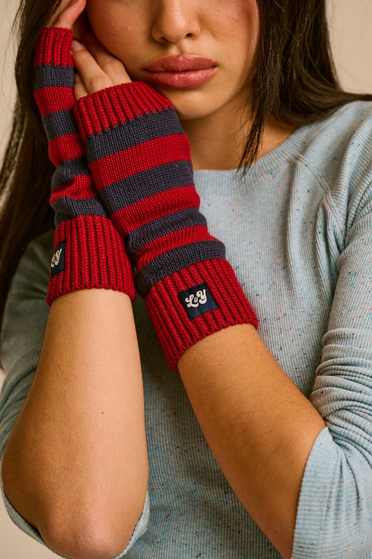 Caspian - Fingerless Knitted Gloves in Burgundy and Blue