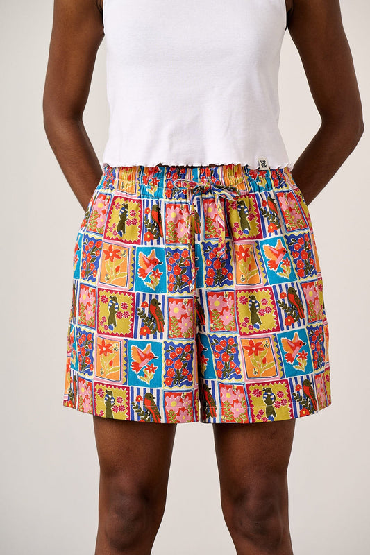 Charlie - Cotton Beach Shorts in Birds & Flowers Square Tile