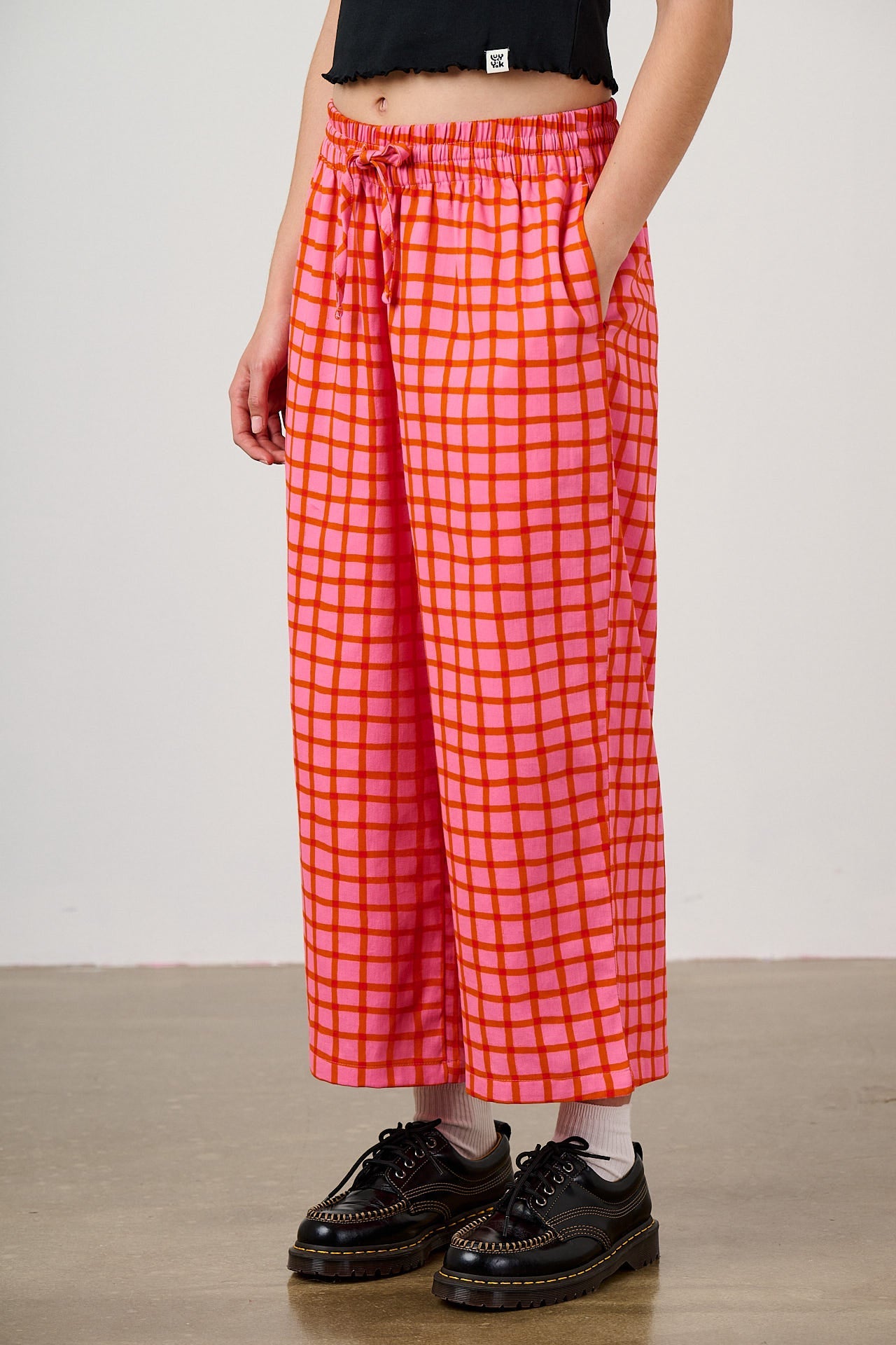 Chuck - Wide Leg Cotton Trousers in Pink & Red Check