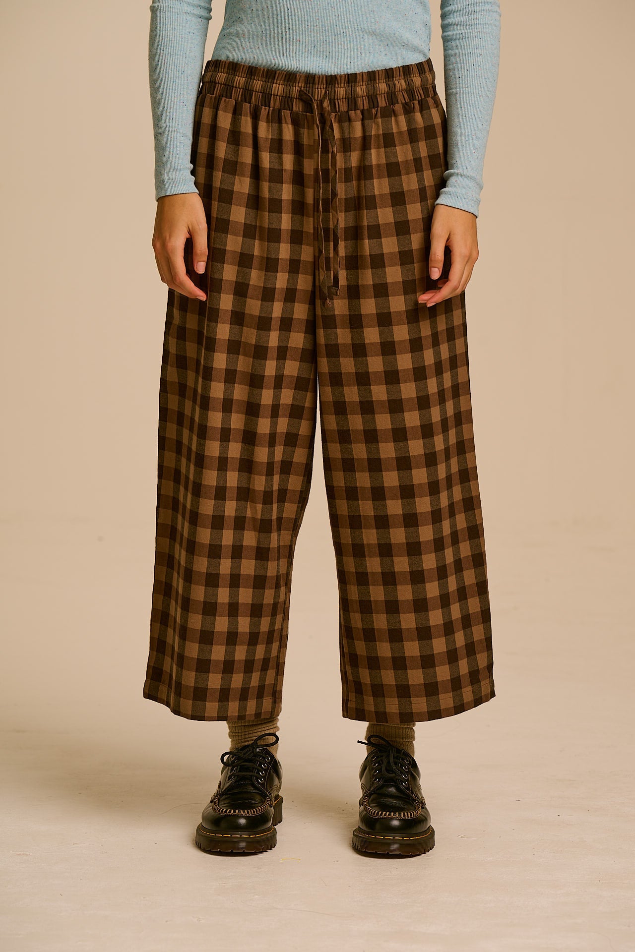 Chuck - Wide Leg Cotton Trousers in Black & Brown Check