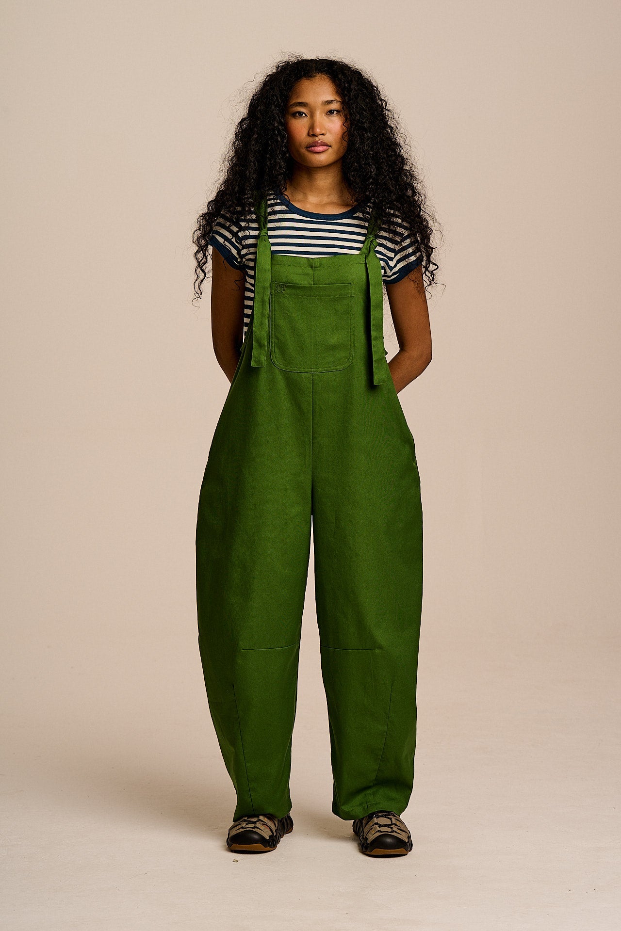Chula - Cotton Barrel Leg Dungarees in Palm Green