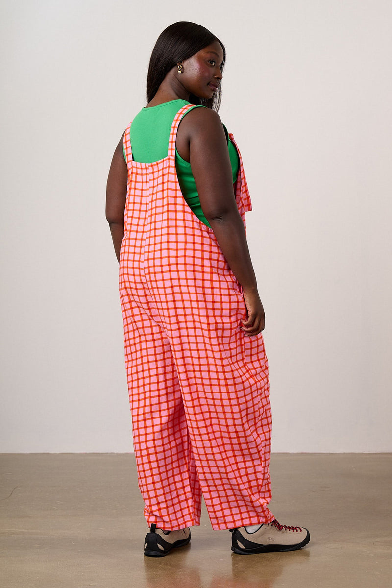 Chula - Viscose Barrel Leg Dungarees in Pink & Red Check