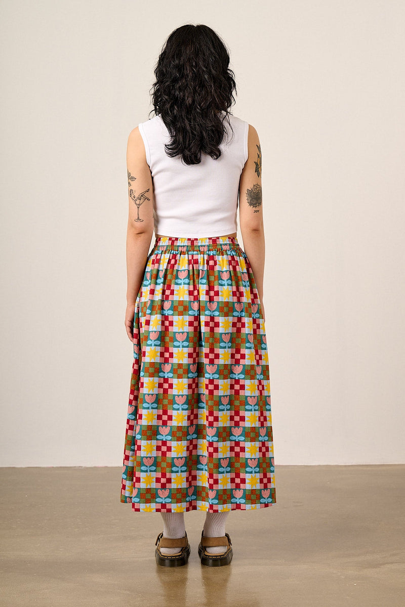 Clara - Cotton & Linen Midi Skirt in Cosmic Folk Tulip Print