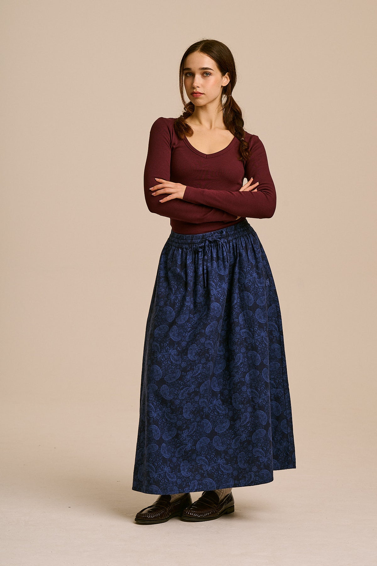 Clara A-Line Midi Skirt - Organic Brushed Cotton in Blue Grunge Paisley