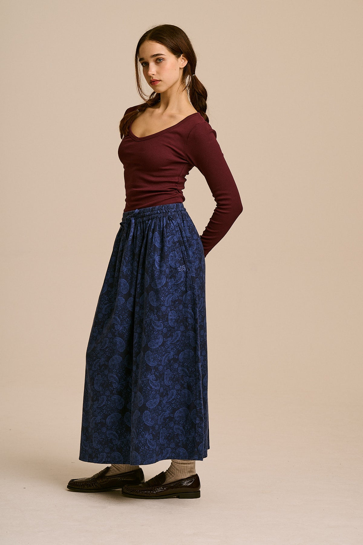 Clara A-Line Midi Skirt - Organic Brushed Cotton in Blue Grunge Paisley