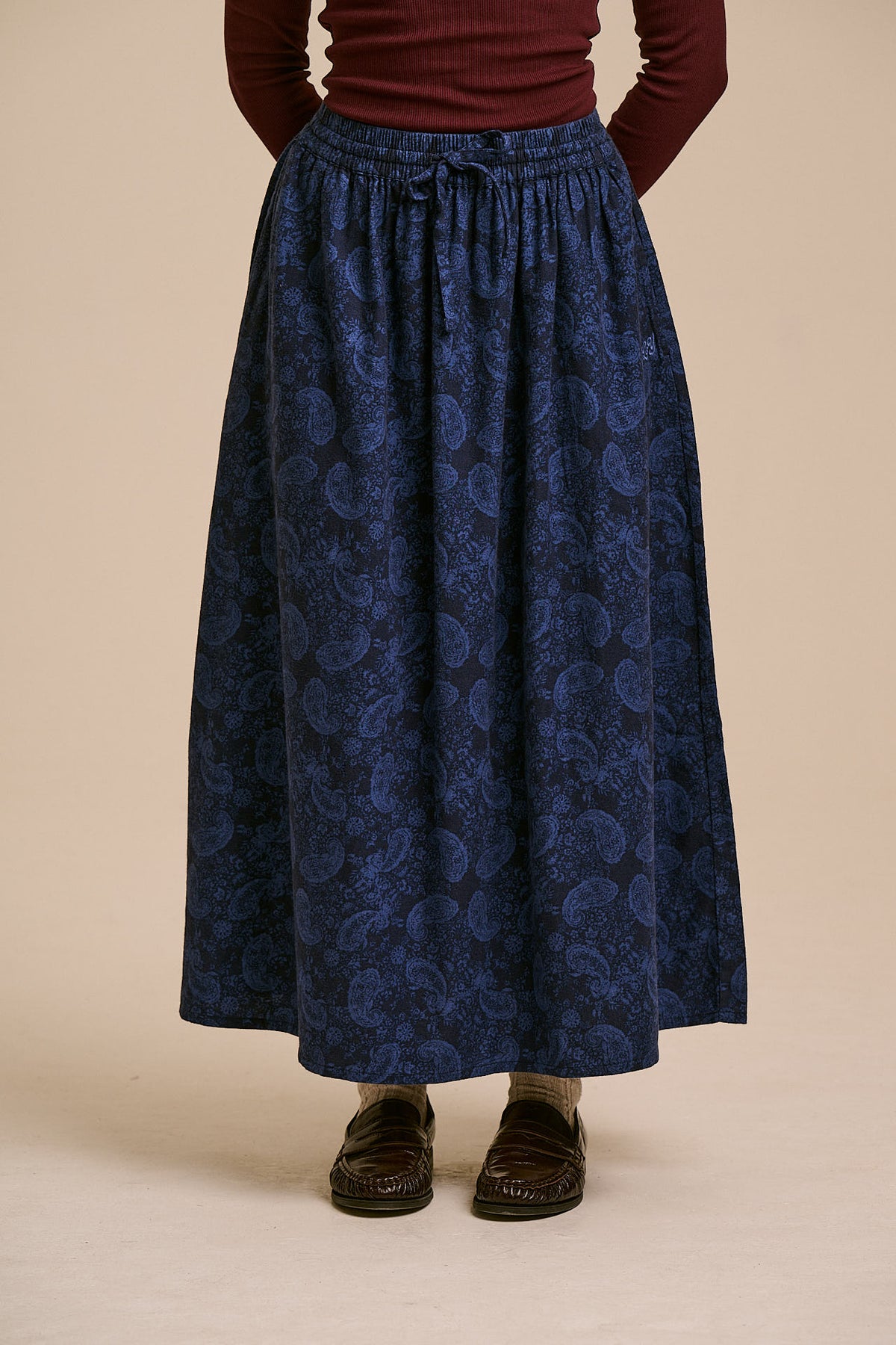 Clara A-Line Midi Skirt - Organic Brushed Cotton in Blue Grunge Paisley