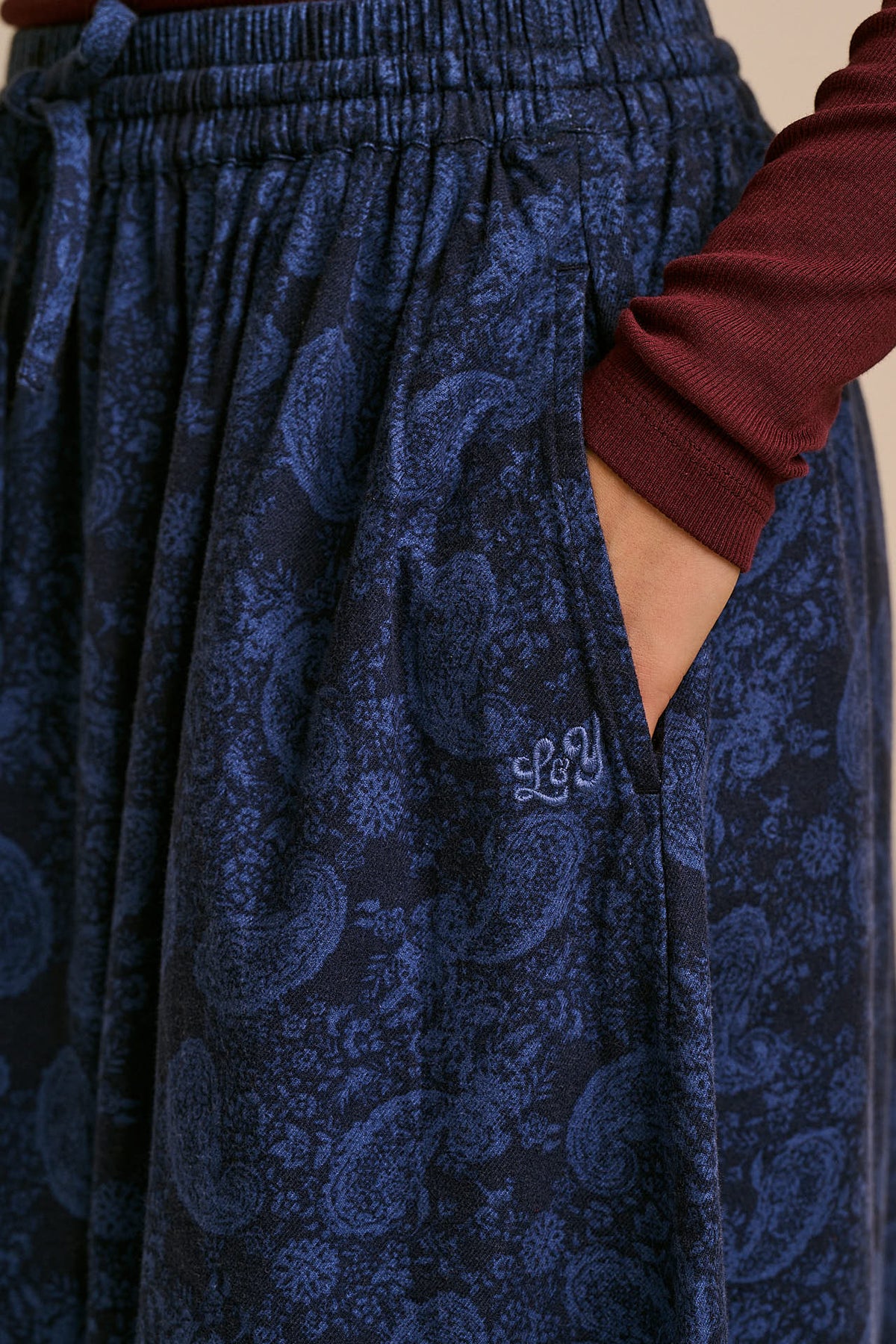 Clara A-Line Midi Skirt - Organic Brushed Cotton in Blue Grunge Paisley