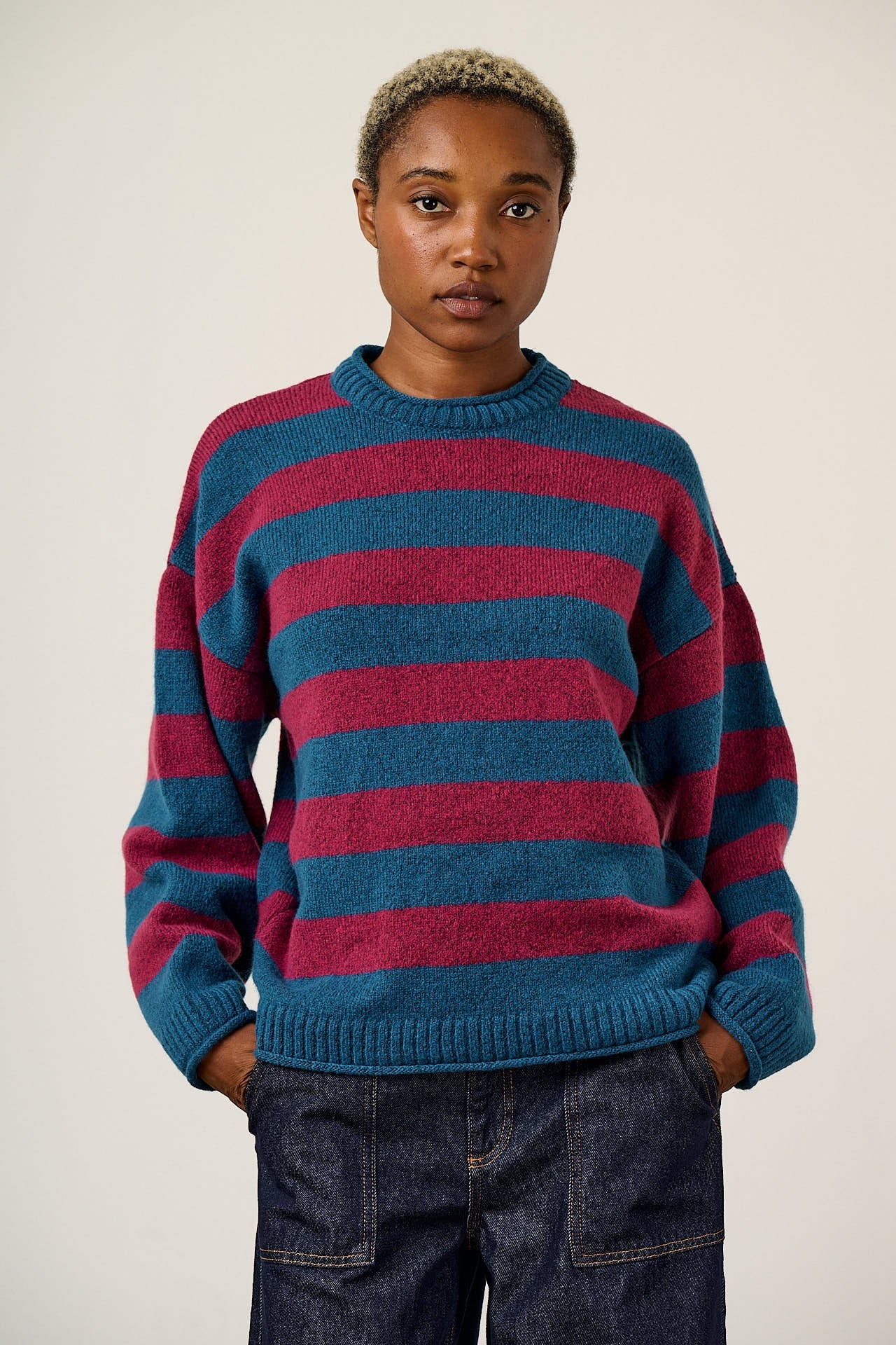 Areum - Oversized Knitted Jumper in Beetroot Stripe
