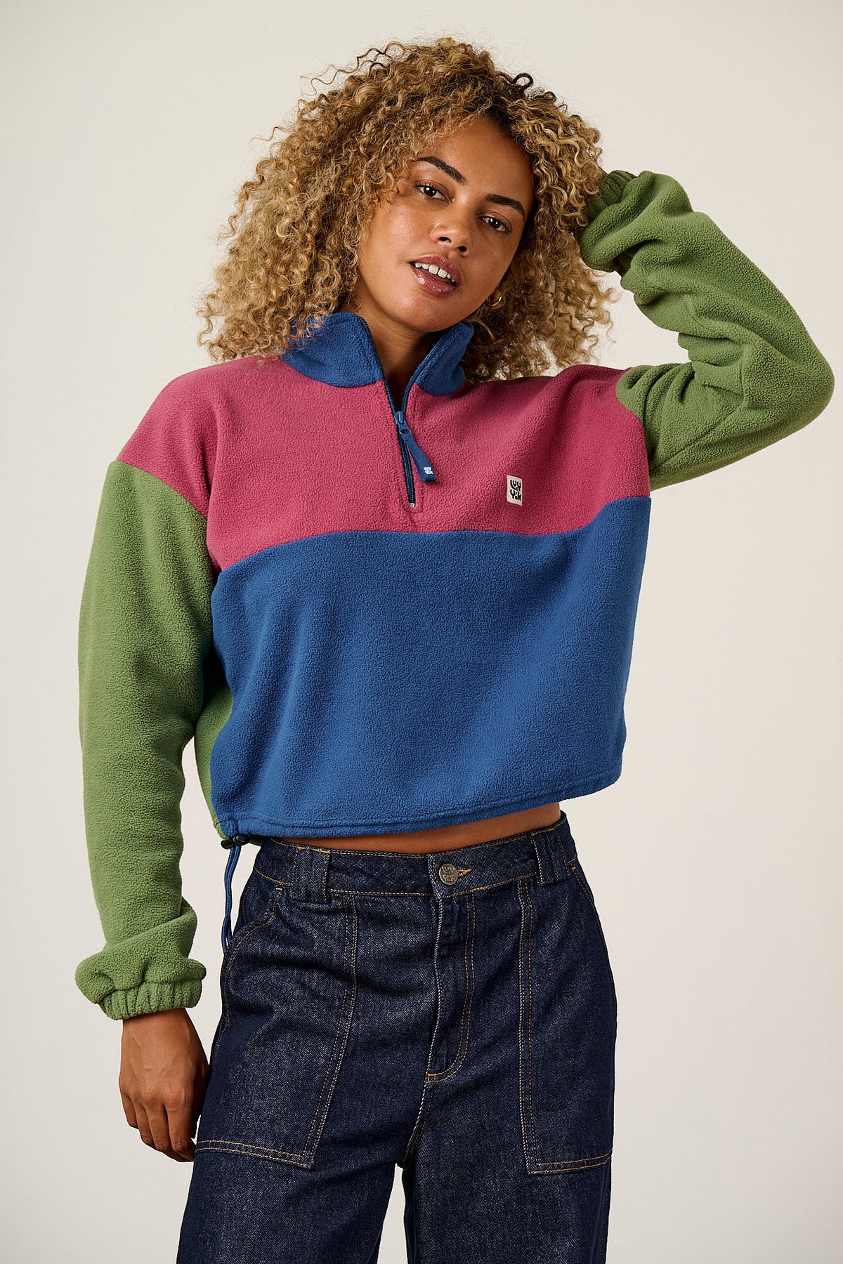 Blake - Cropped Polar Fleece in Green, Purple and Blue Colourblock
