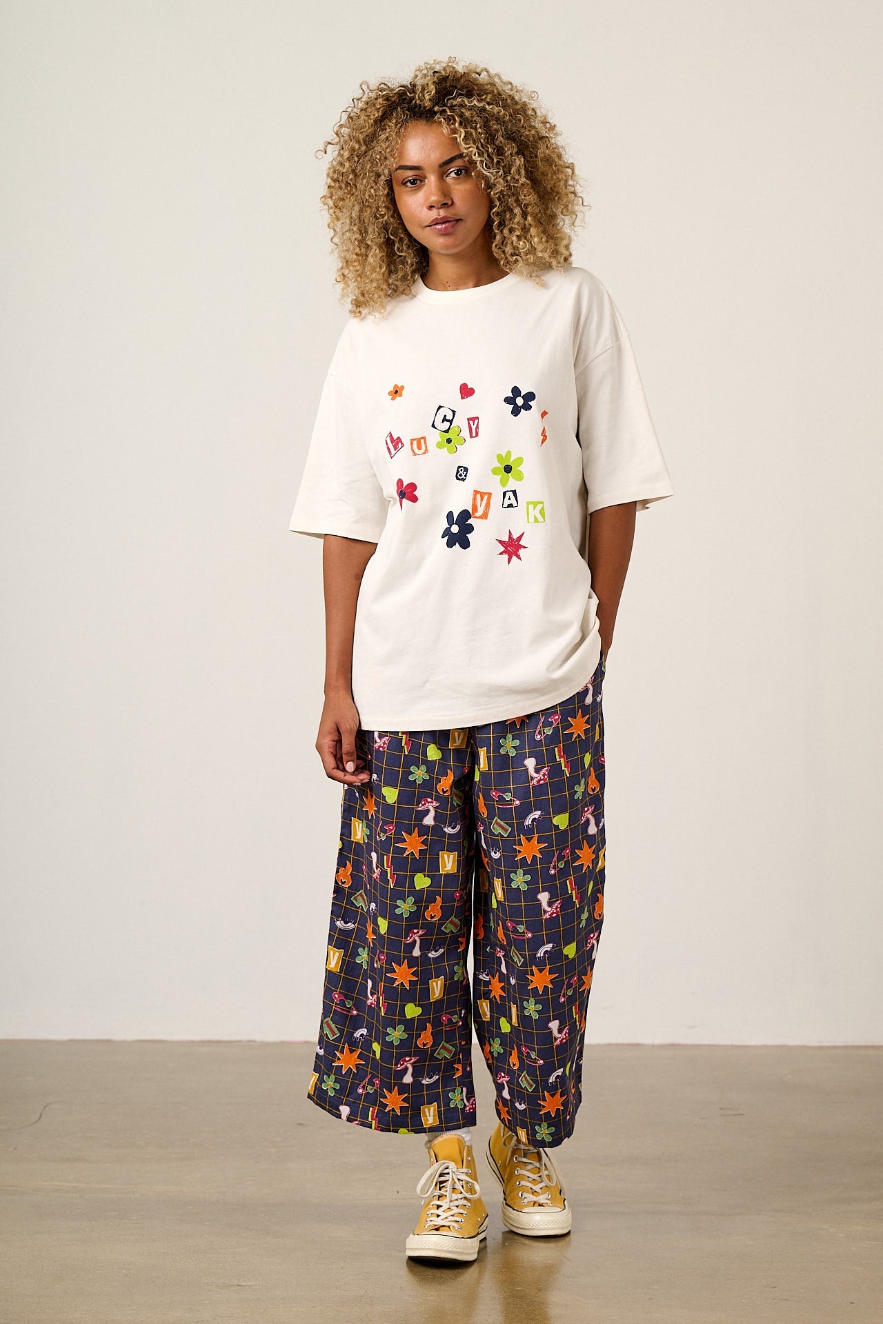 Chuck - Wide Leg Cotton Trousers in Punk Energy Grid