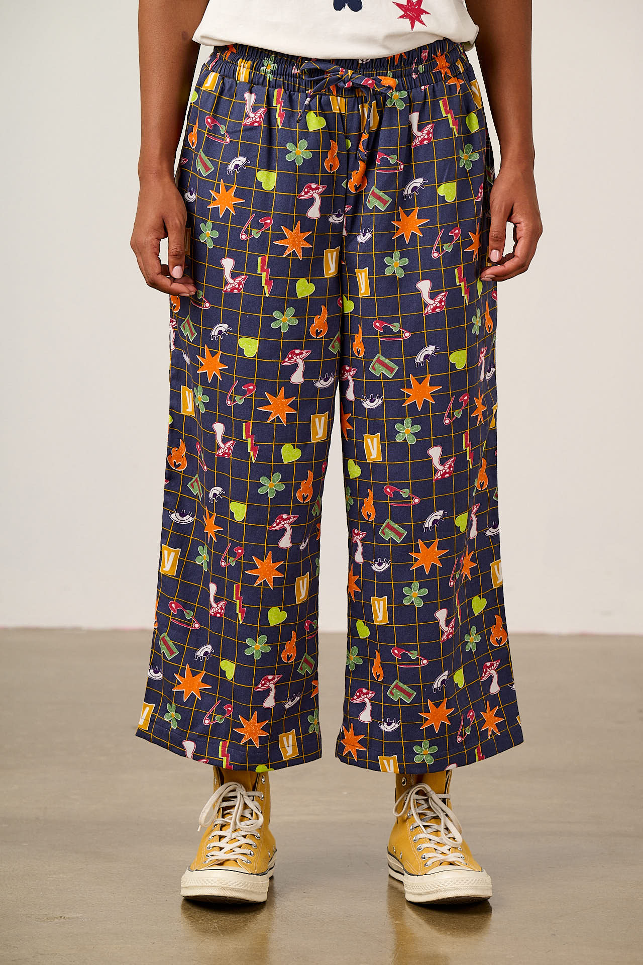 Chuck - Wide Leg Cotton Trousers in Punk Energy Grid