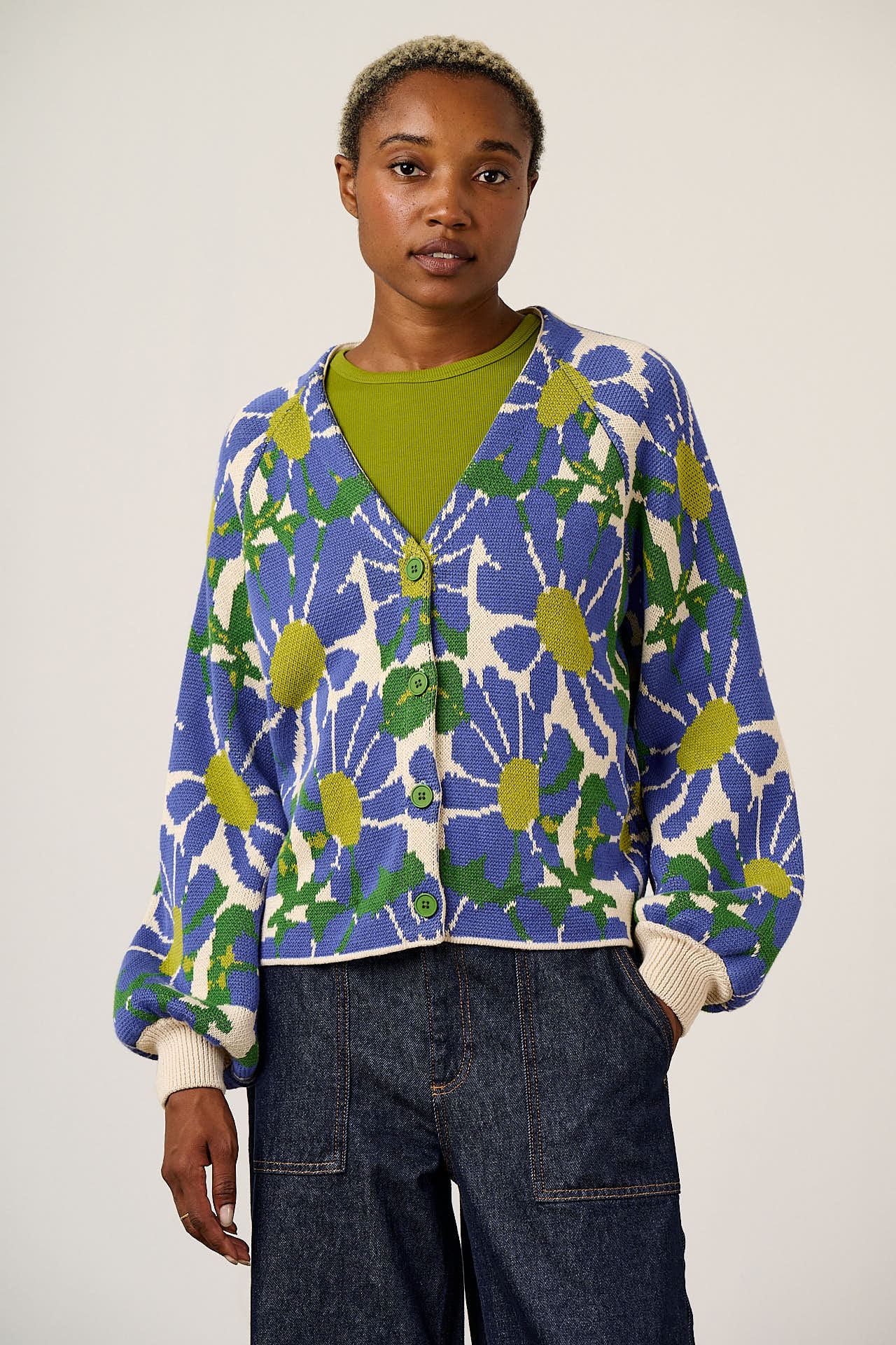 Juniper - Organic Cotton Knit Cardigan in Large Floral