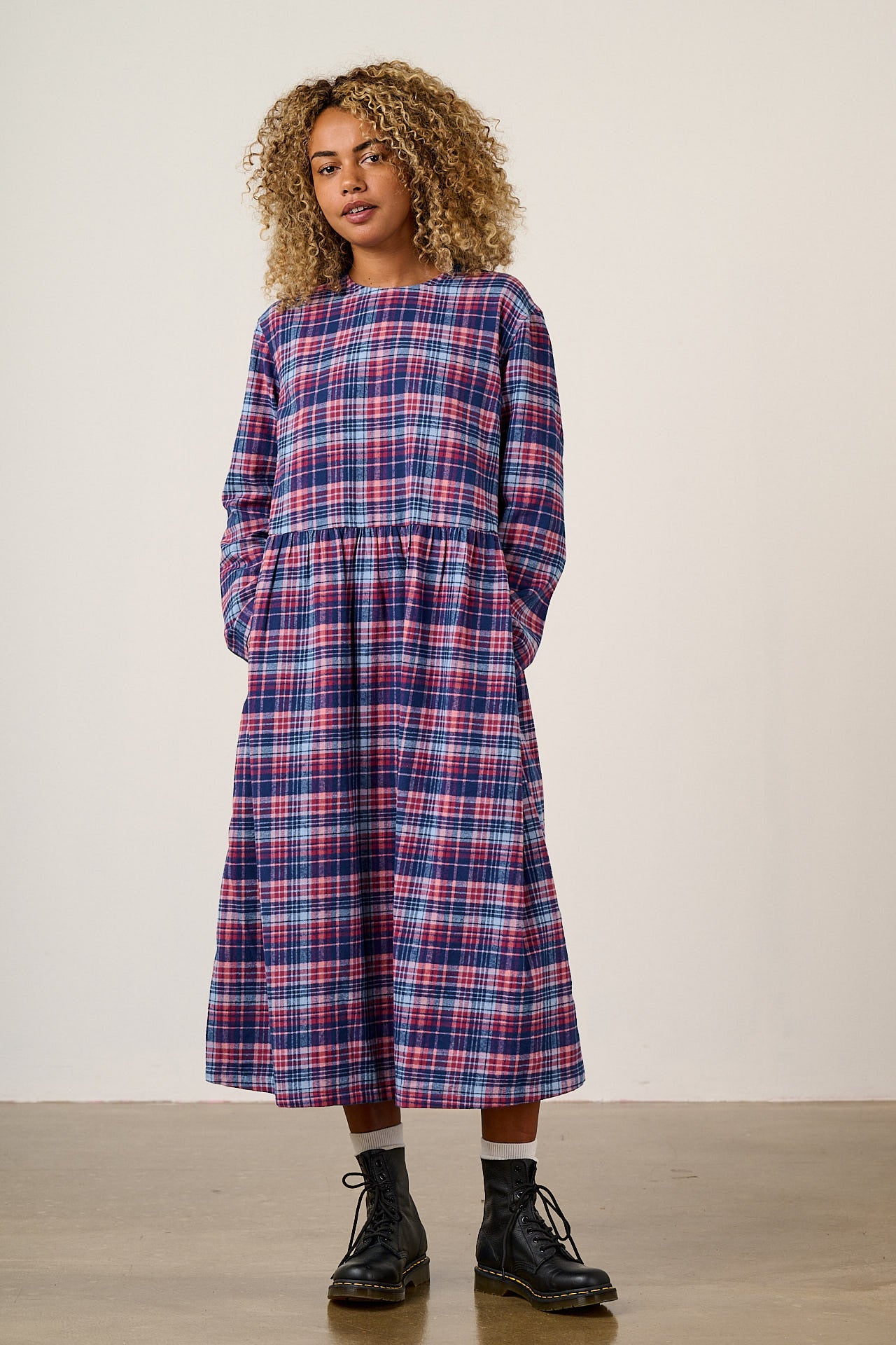 Micah - Brushed Cotton Midi Dress in Blue & Red Check