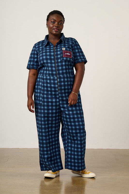 Ragan Cropped Leg Jumpsuit - Organic Cotton Twill in Navy Sardine Patches