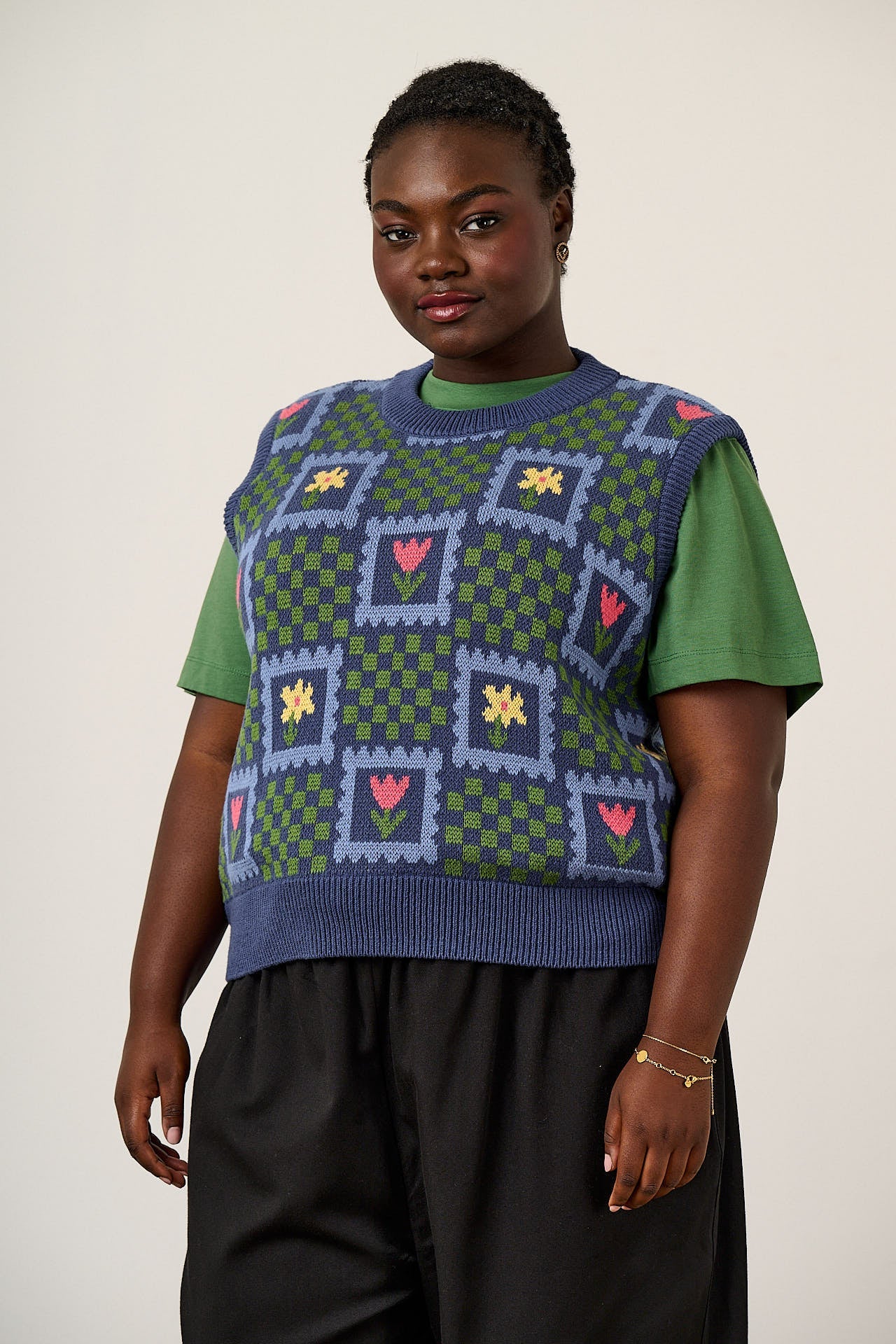 Saffle - Cotton Knitted Vest in Tulip Checkerboard
