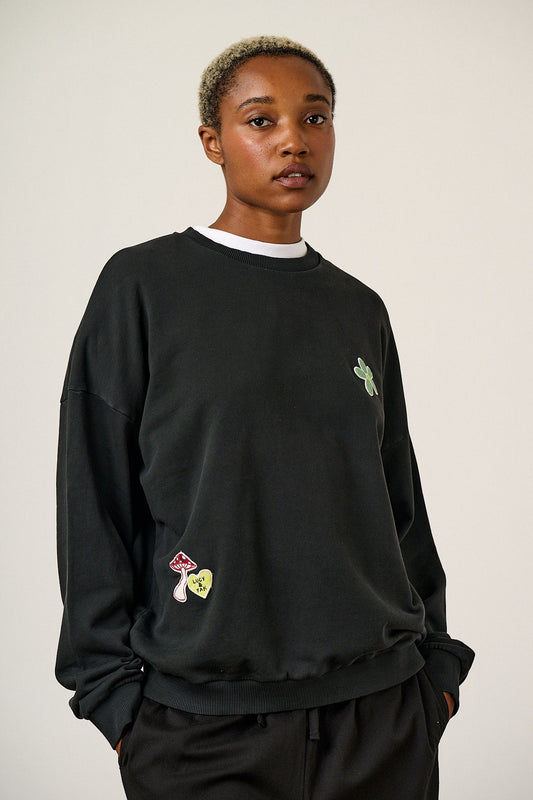 Sutton - Cotton Oversized Sweatshirt in Black with Punk Energy Patches