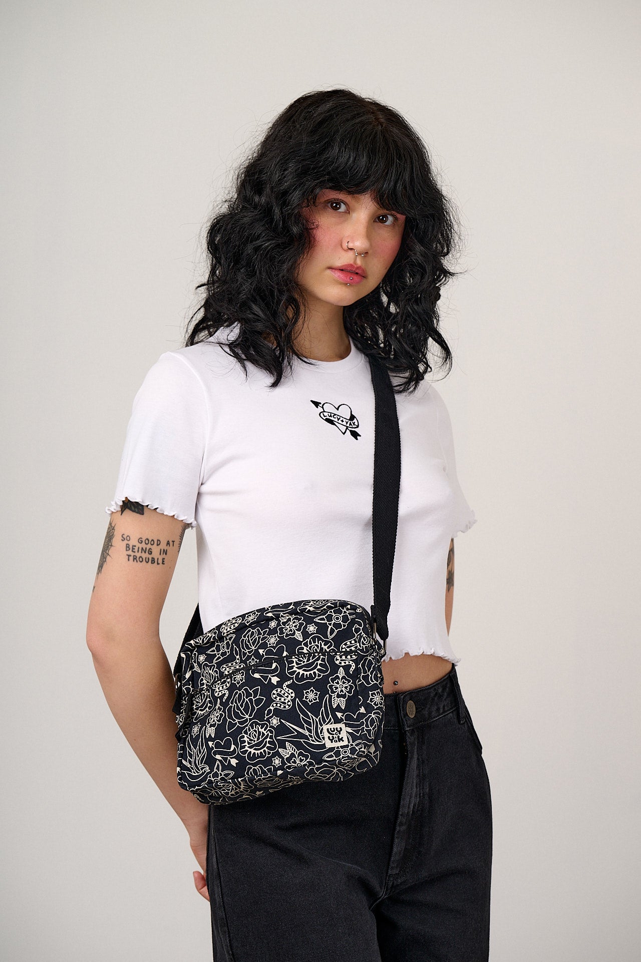 Dara - Cotton Crossbody Bag in Black & White Tattoo