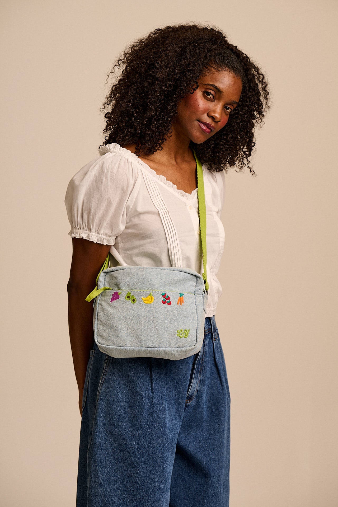 Dara - Denim Crossbody Bag in Veg Embroidery