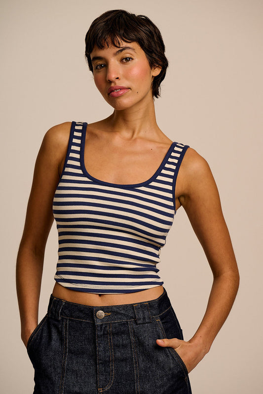 Eden - Cotton Ribbed Vest in Navy & Ecru Stripe